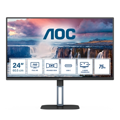 Monitor Aoc Lcd Ips Led 23.8" Wide Frameless 24v5ce/bk 4ms Mm Fhd 1000:1 Black Hdmi Usb-c 4xusb Vesa Fino:31/03