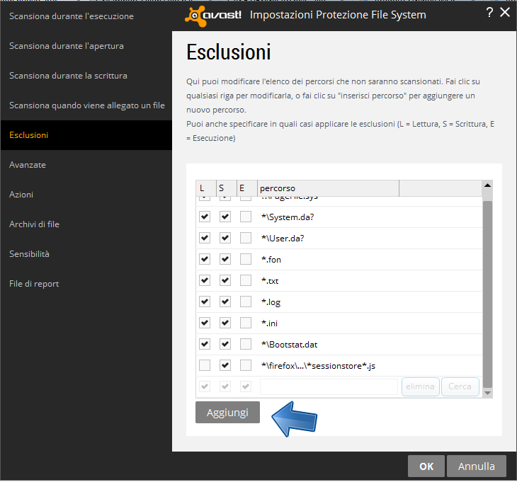 Avast - Impostazioni - File System - Personalizza - Aggiungi