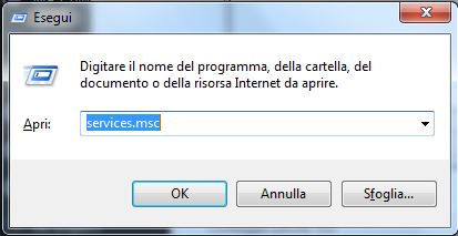 Finestra Esegui - services.msc