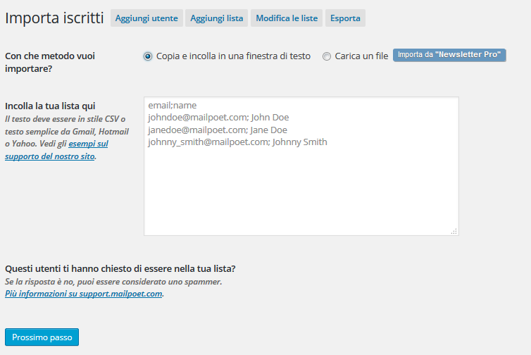MailPoet importa lista finestra di testo