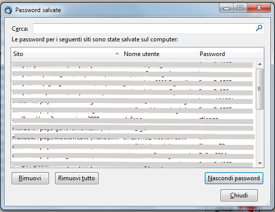 Mozilla Thunderbird - Strumenti - Opzioni - Sicurezza - Password - password salvate - mostra password 01