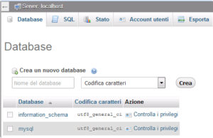 PhpMyAdmin - Nuovo database