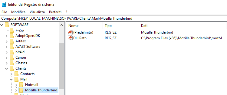 Regedit clients mail - Mozilla Thunderbird
