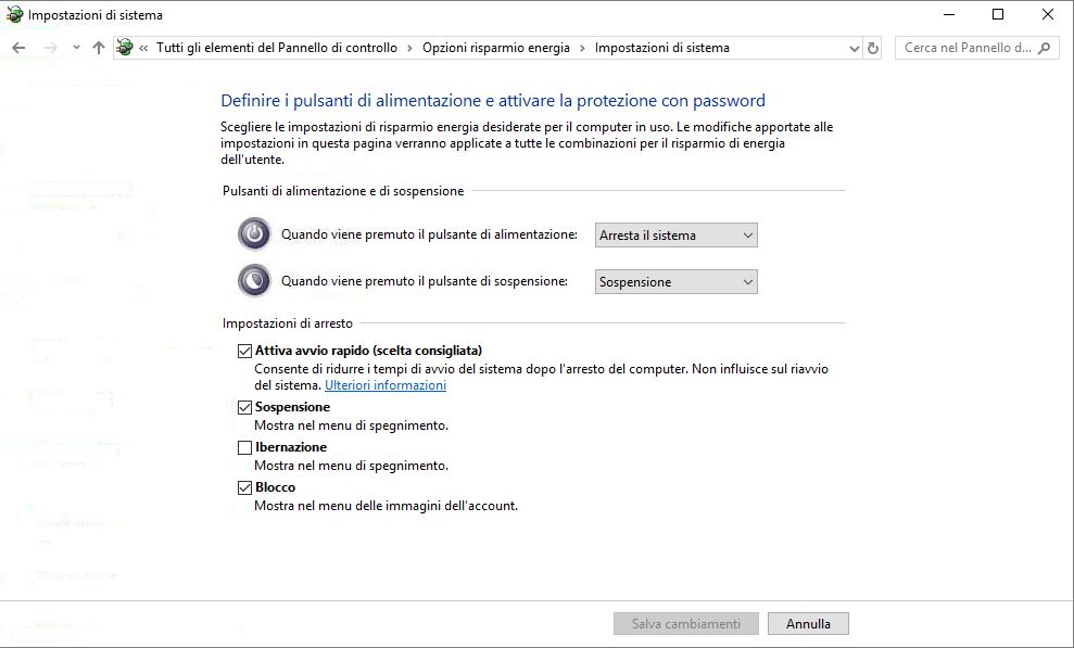 Windows 10 cambia comportamento pulsanti di accensione modifica