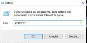 Windows 10 comando esegui eventvwr