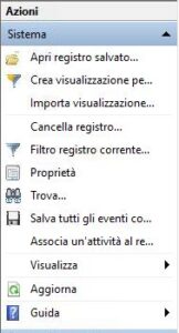 Windows 10 registro eventi menu azioni