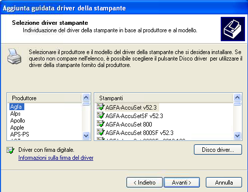 Windows XP aggiunta guidata Driver Stampante