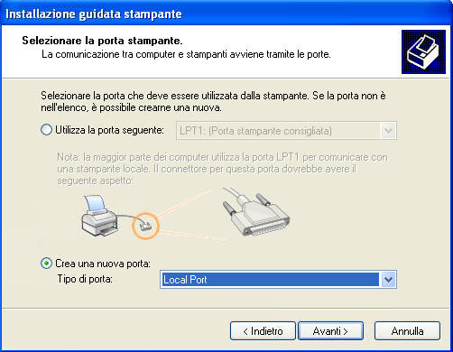 Windows Xp Installazione scelta porta locale stampante