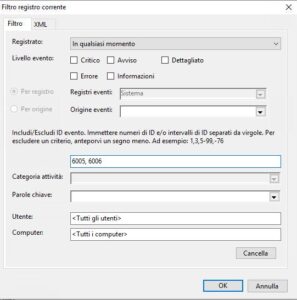 Windows registro eventi filtro 6005 6006