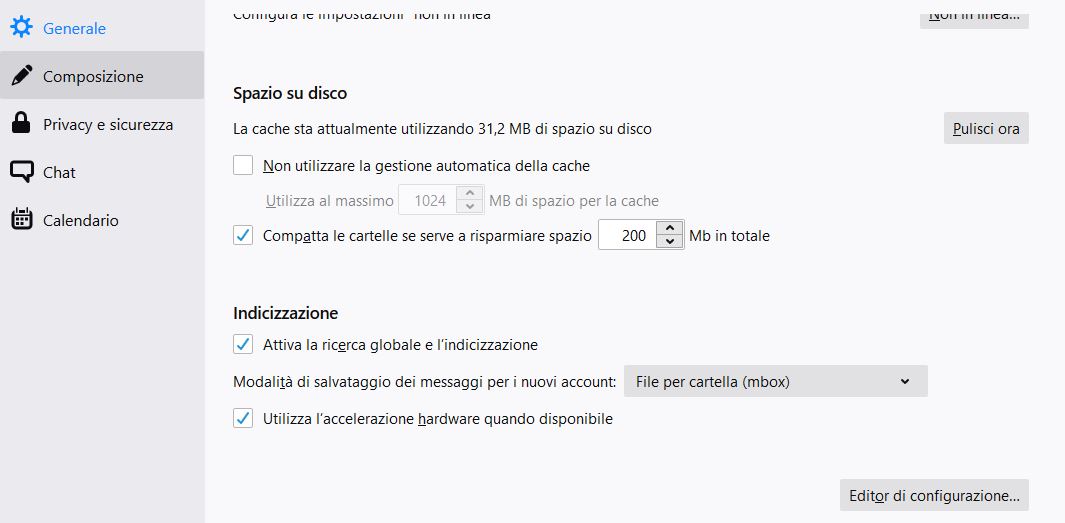 Thunderbird - opzioni - editor configurazione