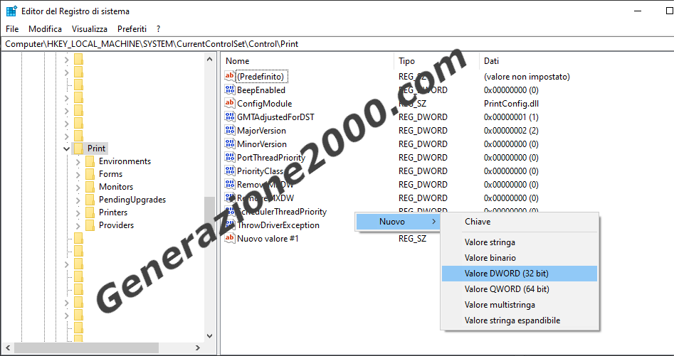 Regedit - Print - nuovo valore Dword